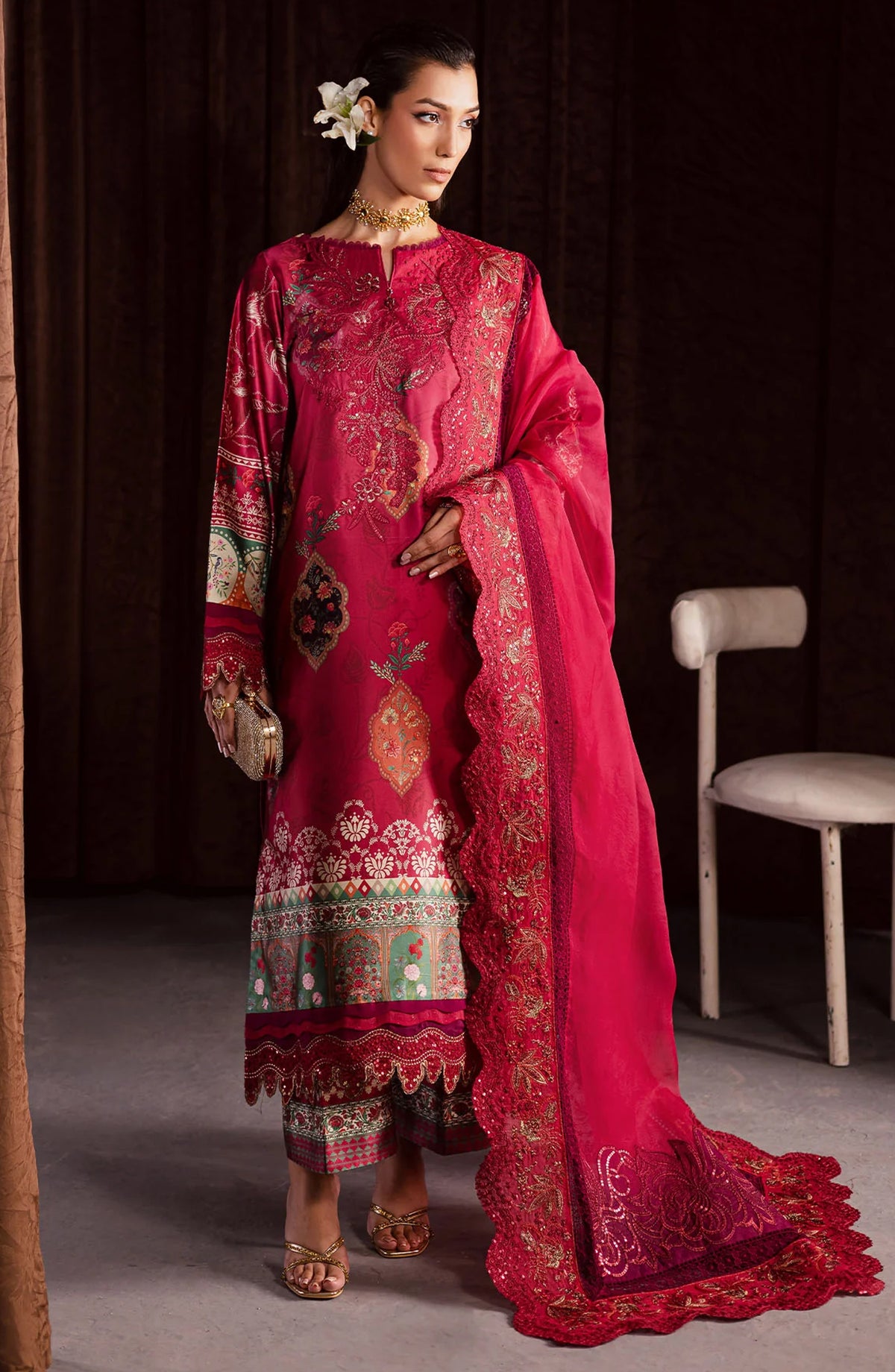 Nureh The Silk Embroidered Unstitched 3 Piece Silk Suit - S-28 - NU25SLK - Red - Luxury Collection