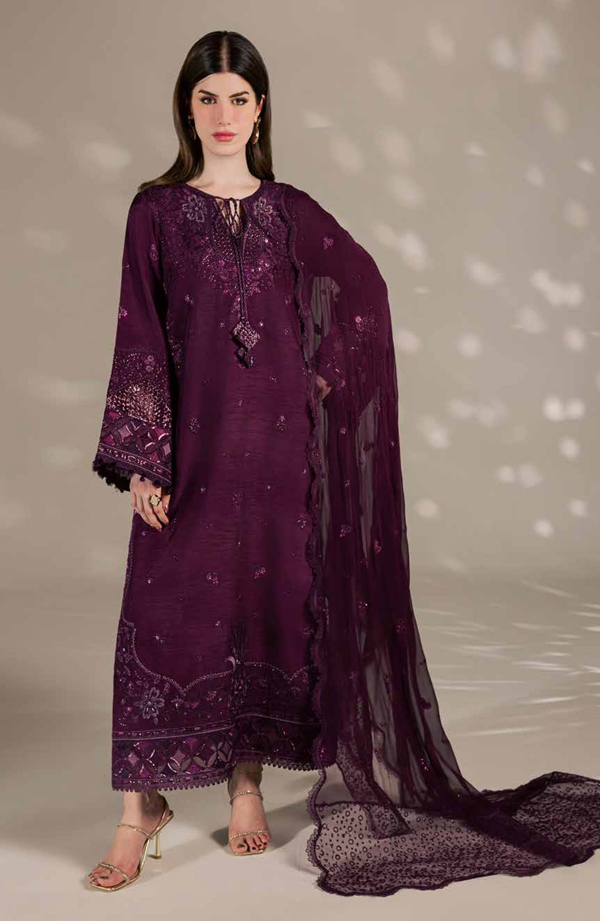 Nureh Luxury Embroidered Silk Unstitched 3 Piece Suit - S-36 - NL26SL - Purple - Festive Collection