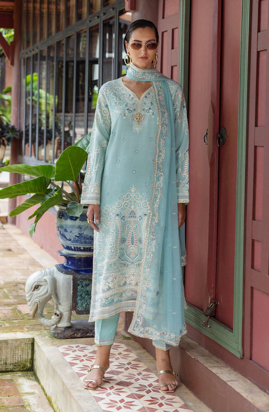 Nuvera by Mushq Embroidered Raw Silk Unstitched 3 Piece Suit - Freyelle - MQ25NV - Light Blue - Luxury Collection