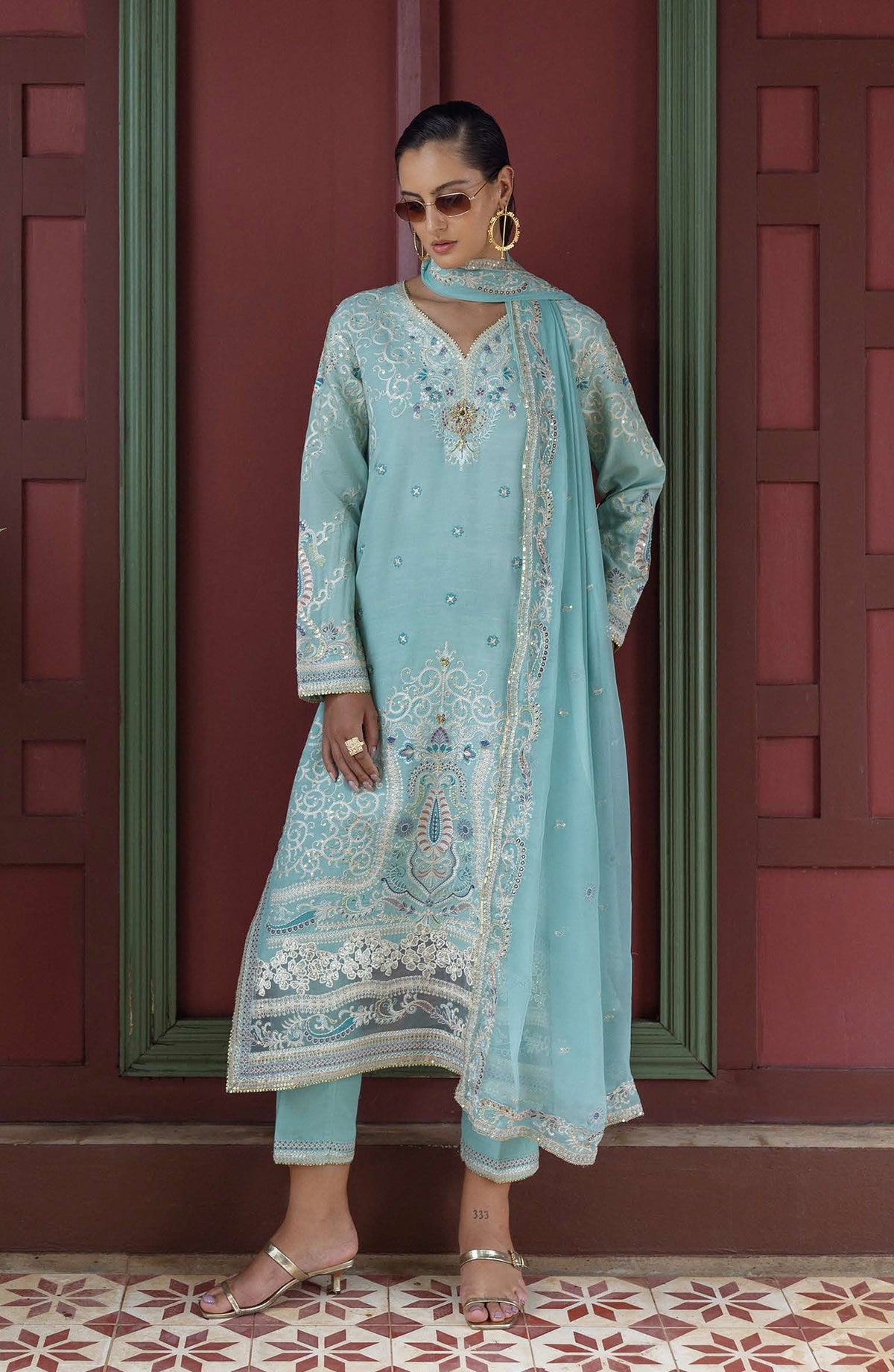 Nuvera by Mushq Embroidered Raw Silk Unstitched 3 Piece Suit - Freyelle - MQ25NV - Light Blue - Luxury Collection