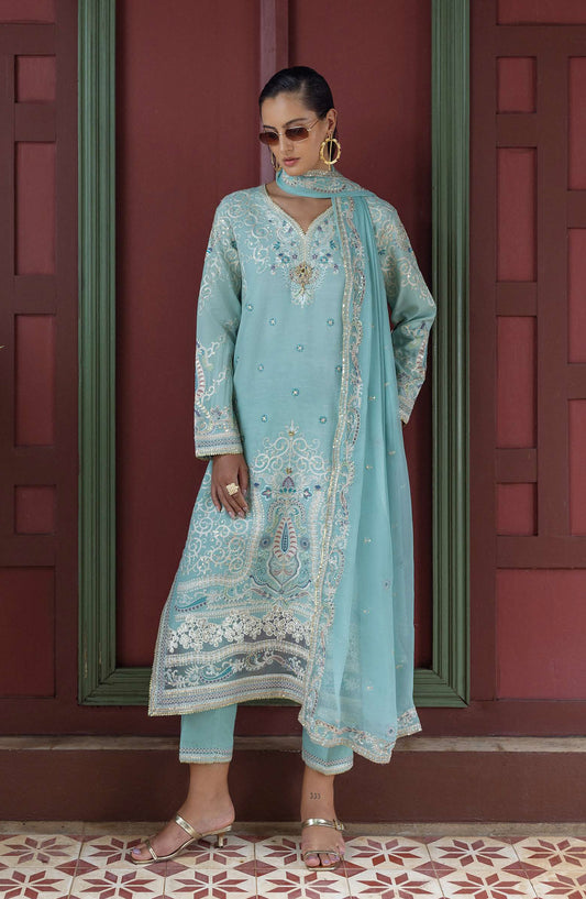 Nuvera by Mushq Embroidered Raw Silk Unstitched 3 Piece Suit - Freyelle - MQ25NV - Light Blue - Luxury Collection