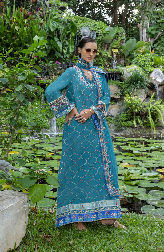 Nuvera by Mushq Embroidered Raw Silk Unstitched 3 Piece Suit - Valene - MQ25NV - Teal Blue - Luxury Collection