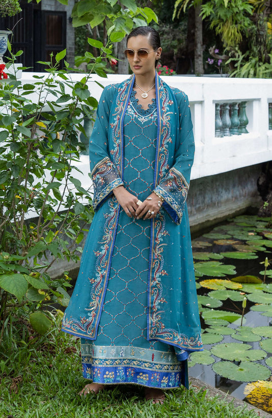 Nuvera by Mushq Embroidered Raw Silk Unstitched 3 Piece Suit - Valene - MQ25NV - Teal Blue - Luxury Collection