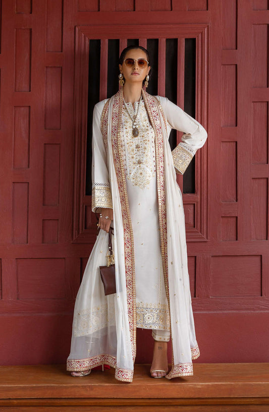Nuvera by Mushq Embroidered Raw Silk Unstitched 3 Piece Suit - Elnaz - MQ25NV - Off White - Luxury Collection
