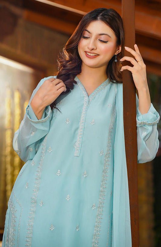 Chiffon Embroidered 3 Pc Suit OCH26FR SOF-10-S Blue