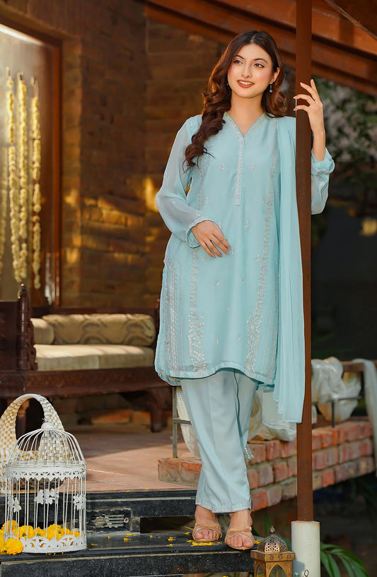 Chiffon Embroidered 3 Pc Suit OCH26FR SOF-10-S Blue