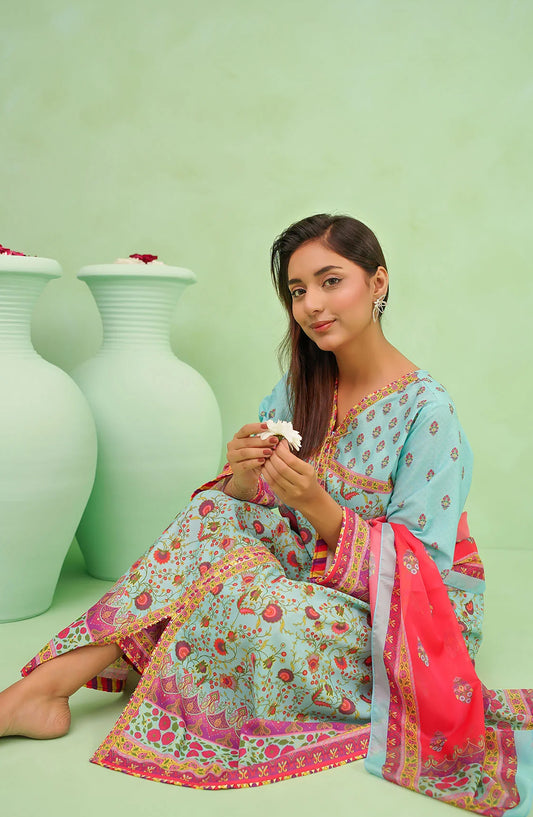 Poly Lawn Digital Printed 3 Pc Suit OCH26FR SDPF-04-S Blue