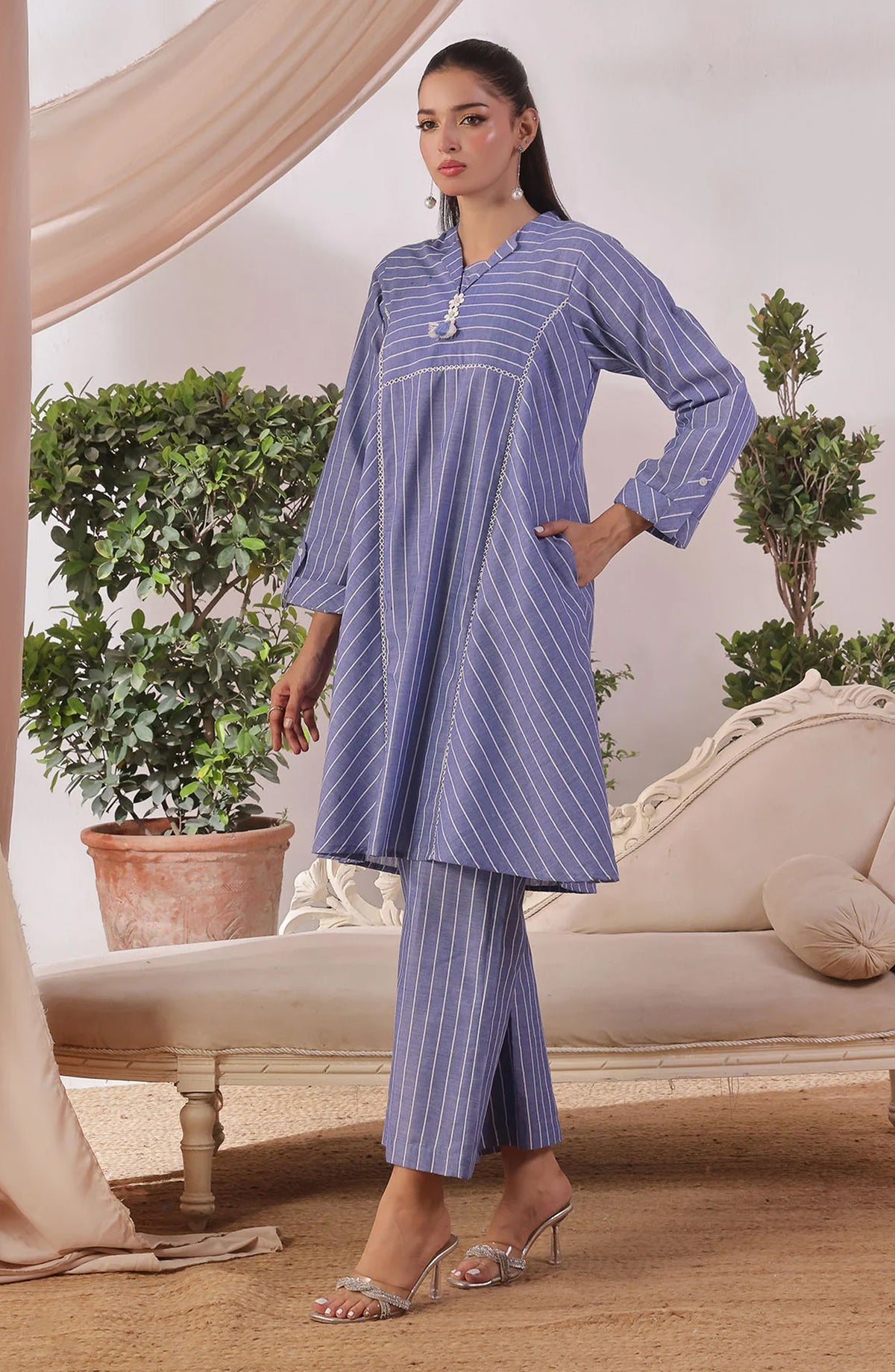 Chambray Cotton Women's 2 Pc Suit - SOLS-07 - OCH25WCR - Blue - Casual Women Collection