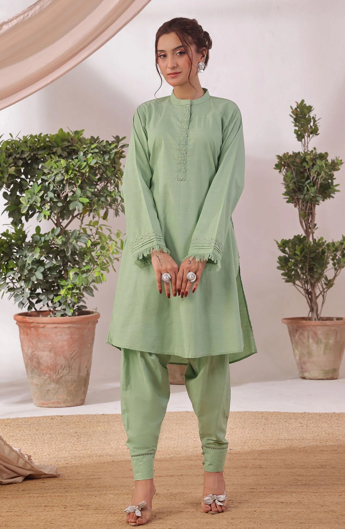 Slub Lawn Women's 2 Pc Suit - SOLS-23 - OCH25WCR - Green - Casual Women Collection