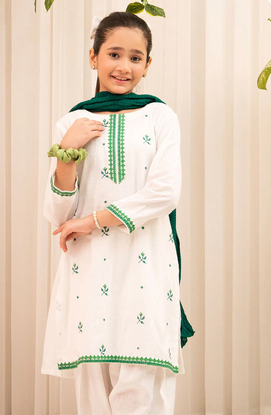 Chambray Cotton Embroidered 3 Pc Suit - SC-57 - OCH25GCR - White - Casual Girls Collection