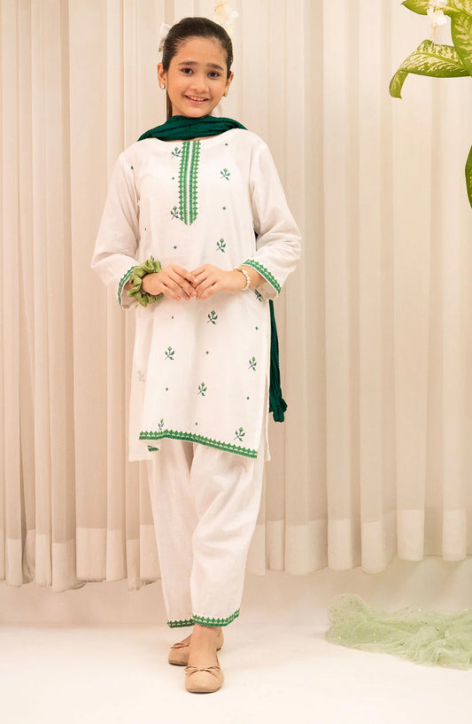Chambray Cotton Embroidered 3 Pc Suit - SC-57 - OCH25GCR - White - Casual Girls Collection
