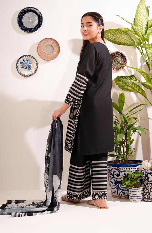 Cotton Printed 3 Pc Suit - MRM-14 - OCH25GCR - Black - Casual Girls Collection