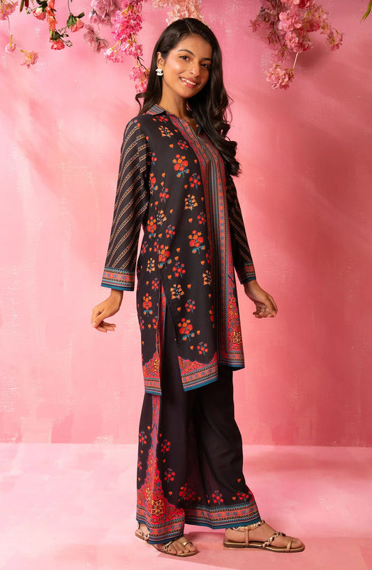 Swiss Lawn Digital Printed 2 Pc Suit - COR-158 - OCH25GCR - Black - Casual Girls Collection