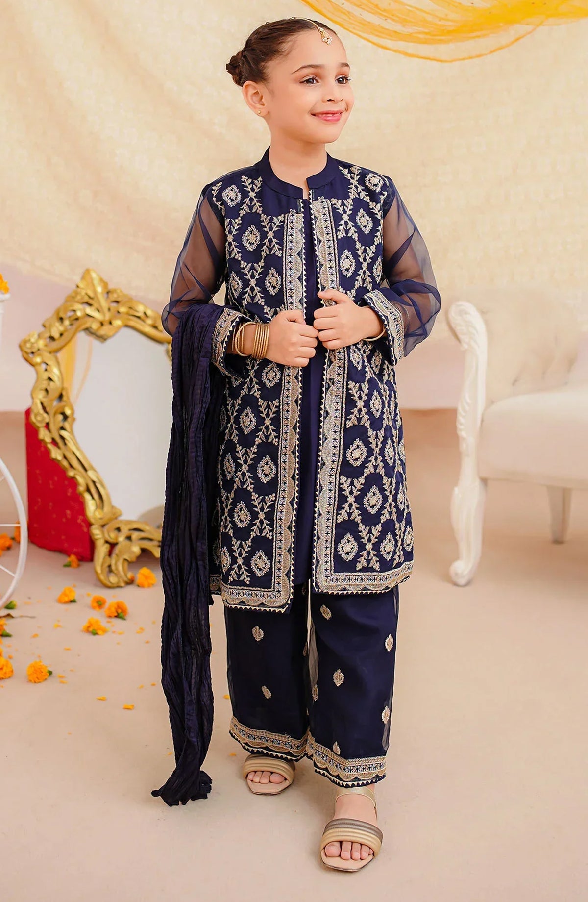 Ochre Embroidered Organza Stitched 3 Piece Suit - INSHD-15 - OCH25VEL - Black - Girls Festive Collection