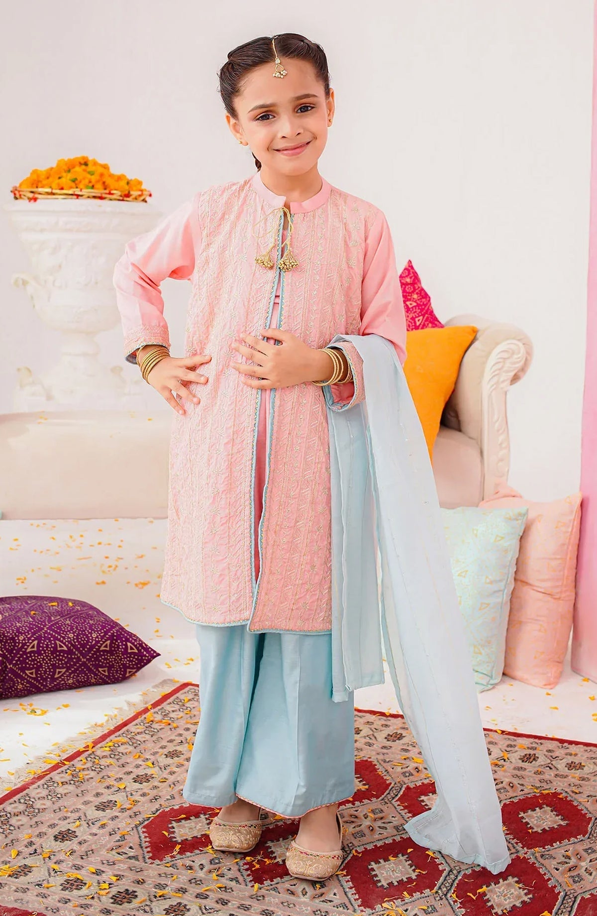 Ochre Embroidered Cotton Silk Stitched 3 Piece Suit - INSHD-14 - OCH25VEL - Pink - Girls Festive Collection