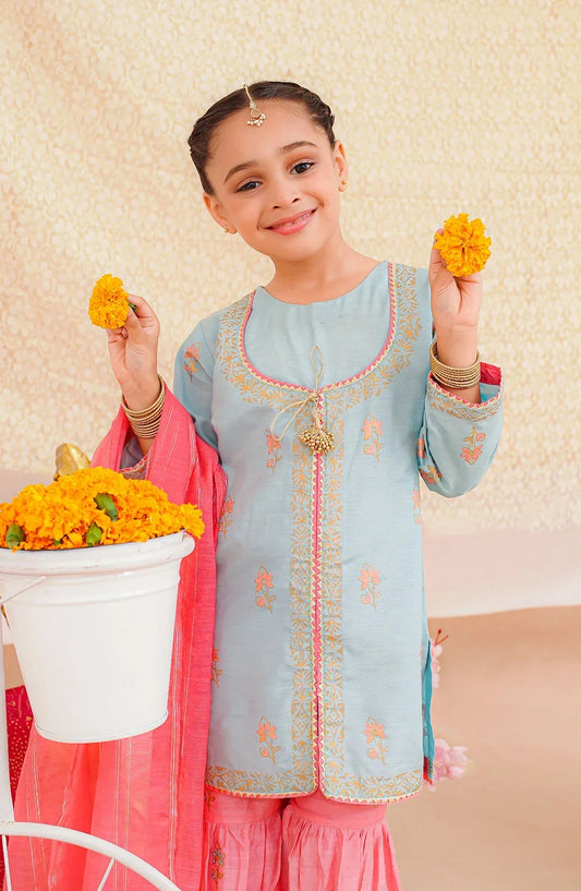 Ochre Printed Cotton Silk Stitched 3 Piece Suit - INSHD-11 - OCH25VEL - Ice Blue - Girls Festive Collection