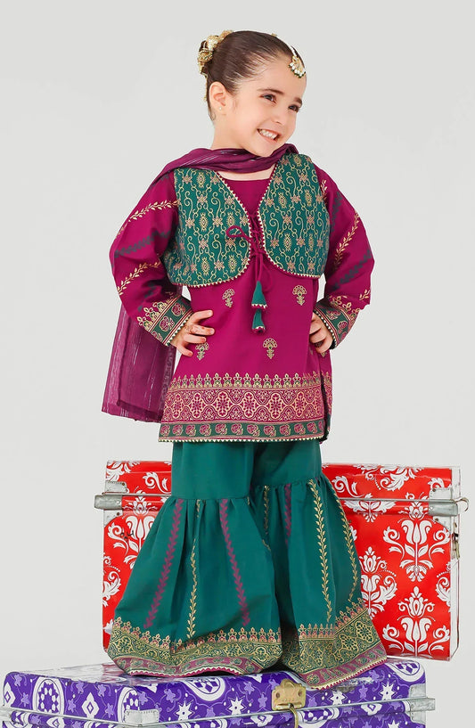 Ochre Printed Raw Silk Stitched 3 Piece Suit - INMHD-09 - OCH25VEL - Green - Girls Festive Collection