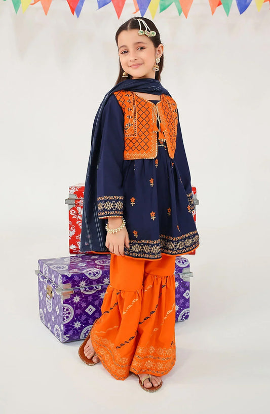 Ochre Printed Raw Silk Stitched 3 Piece Suit - INMHD-07 - OCH25VEL - Blue - Girls Festive Collection