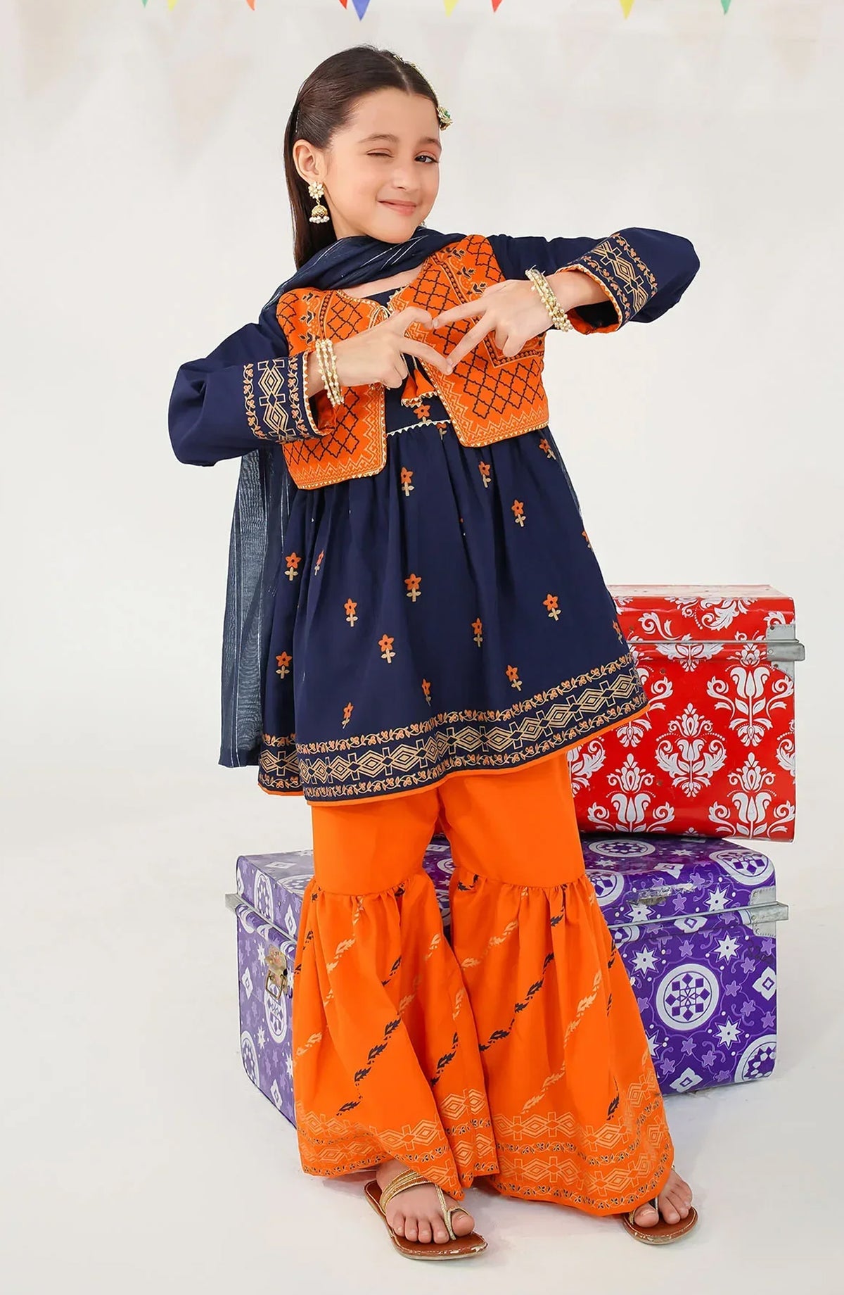 Ochre Printed Raw Silk Stitched 3 Piece Suit - INMHD-07 - OCH25VEL - Blue - Girls Festive Collection