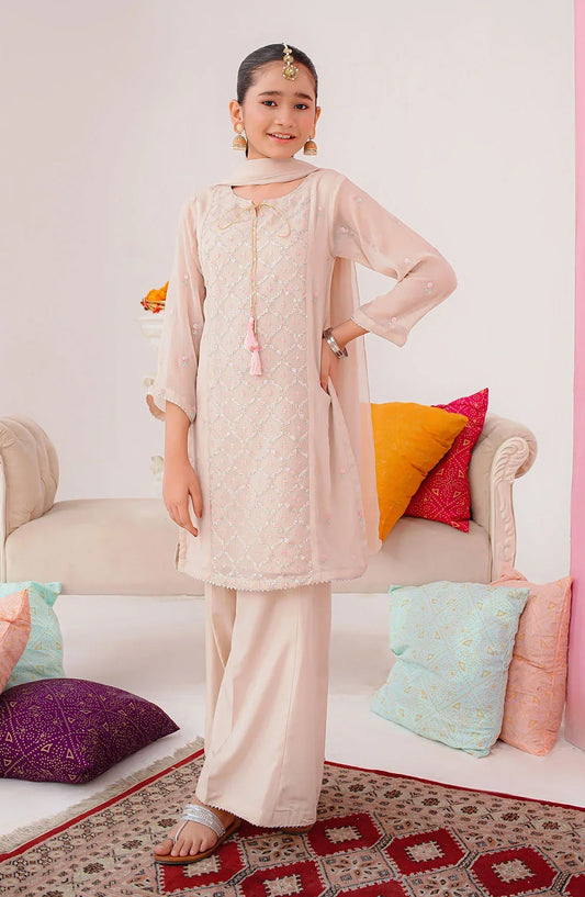 Ochre Embroidered Chiffon Stitched 3 Piece Suit - SHD-21 - OCH25VEL - Peach - Girls Festive Collection