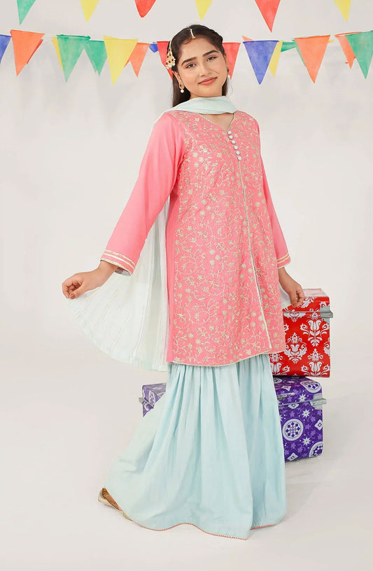 Ochre Embroidered Cotton Silk Stitched 3 Piece Suit - MHD-21 - OCH25VEL - Pink - Girls Festive Collection