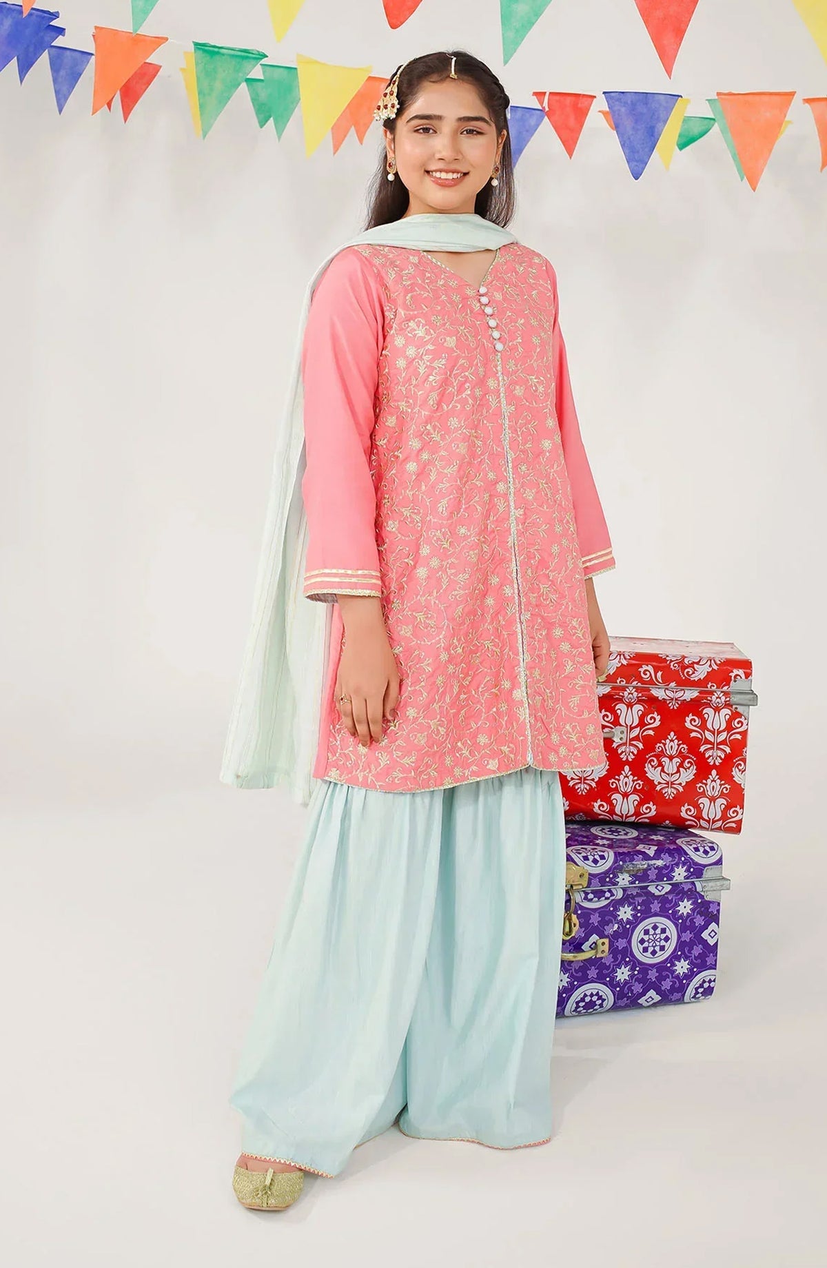 Ochre Embroidered Cotton Silk Stitched 3 Piece Suit - MHD-21 - OCH25VEL - Pink - Girls Festive Collection