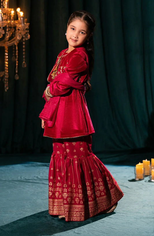 Ochre Embroidered Velvet Stitched 3 Piece Suit - INOVF-04 - OCH25VEL - Pink - Girls Festive Collection