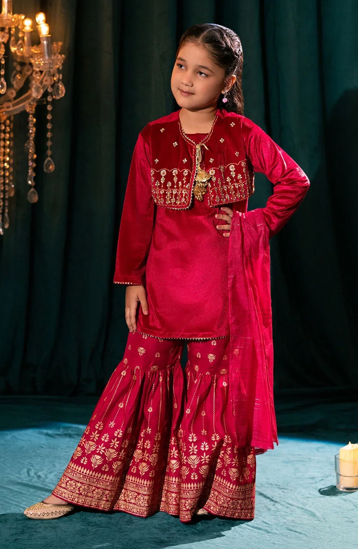 Ochre Embroidered Velvet Stitched 3 Piece Suit - INOVF-04 - OCH25VEL - Pink - Girls Festive Collection