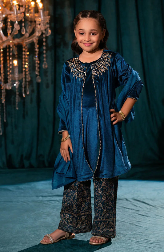 Ochre Embroidered Velvet Stitched 3 Piece Suit - INOVF-03 - OCH25VEL - Blue - Girls Festive Collection