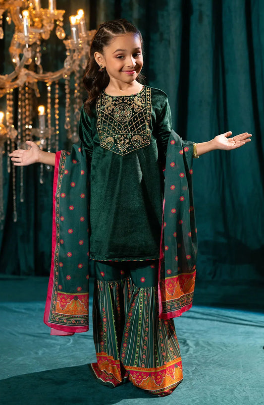Ochre Embroidered Velvet Stitched 3 Piece Suit - INOVF-02 - OCH25VEL - Green - Girls Festive Collection