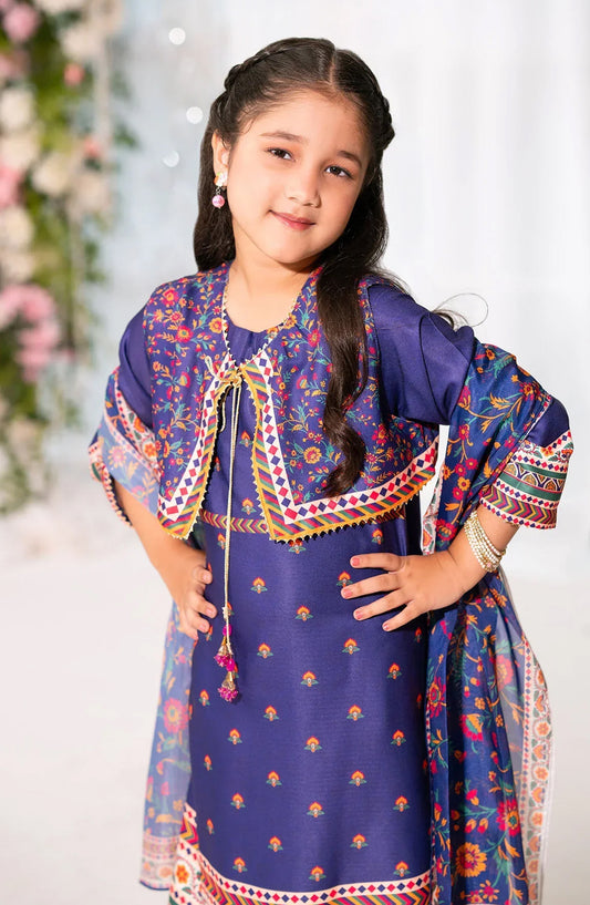 Ochre Digital Printed Herringbone Stitched 3 Piece Suit - INDP-49 - OCH25VEL - Blue - Girls Festive Collection
