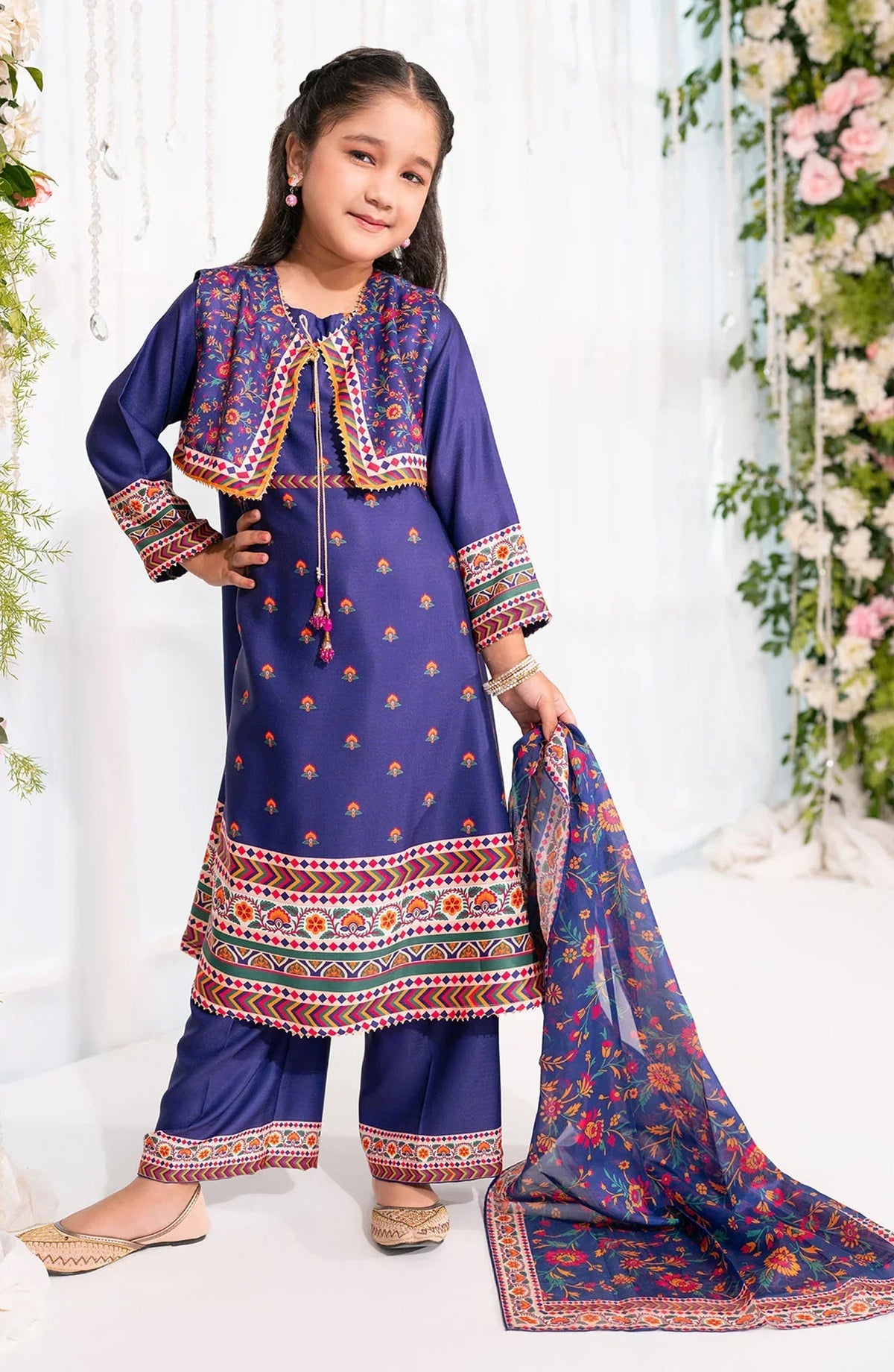 Ochre Digital Printed Herringbone Stitched 3 Piece Suit - INDP-49 - OCH25VEL - Blue - Girls Festive Collection