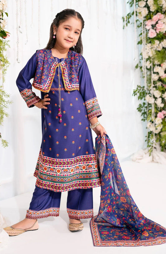 Ochre Digital Printed Herringbone Stitched 3 Piece Suit - INDP-49 - OCH25VEL - Blue - Girls Festive Collection