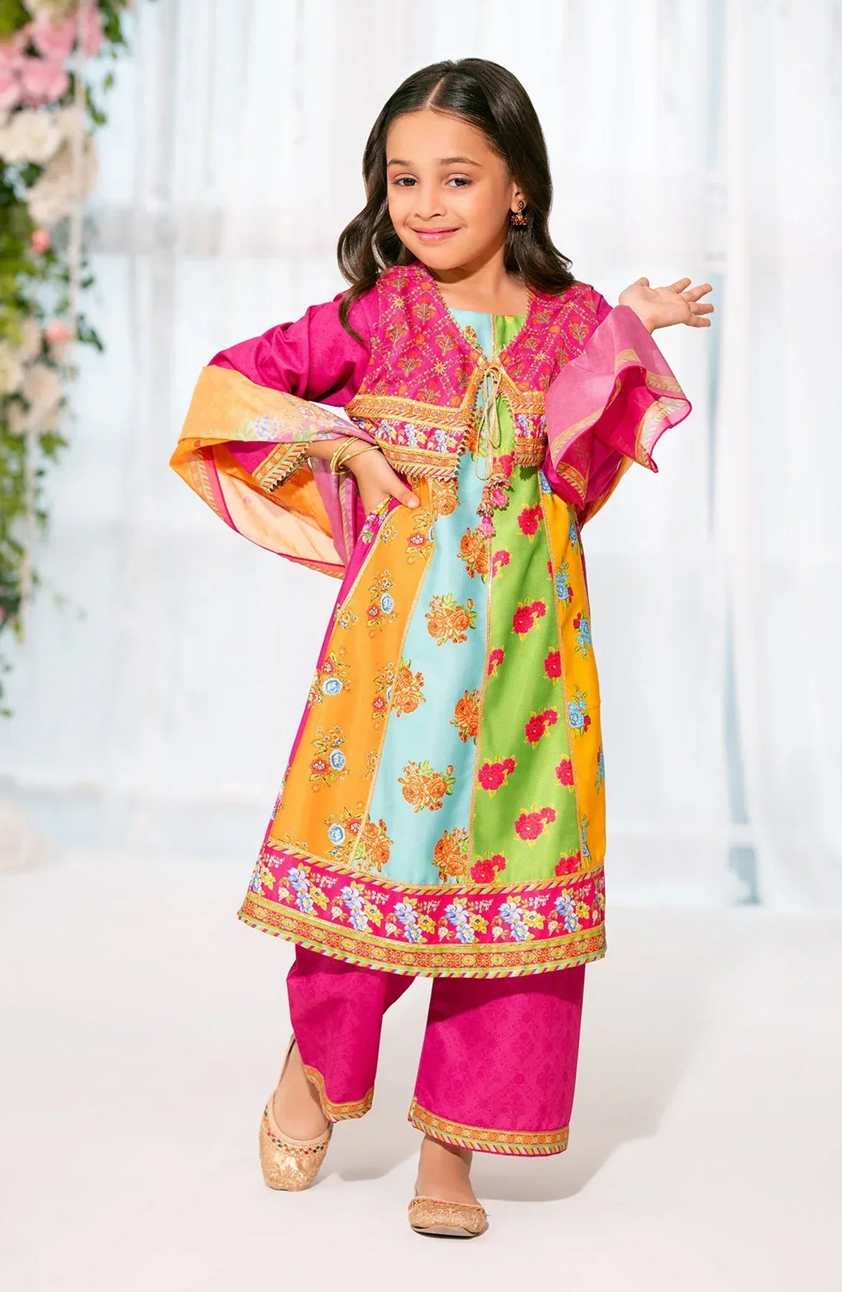 Ochre Digital Printed Herringbone Stitched 3 Piece Suit - INDP-43 - OCH25VEL - Pink - Girls Festive Collection