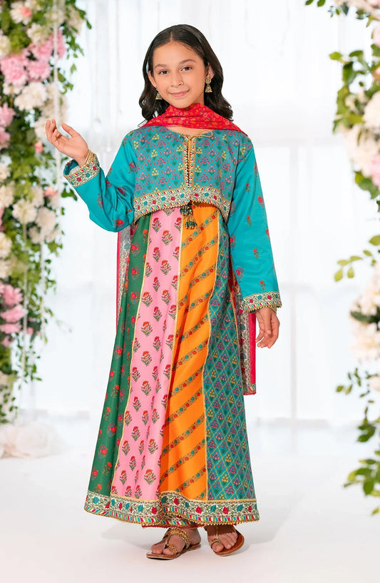 Ochre Digital Printed Herringbone Stitched 3 Piece Suit - CORF-38 - OCH25VEL - Multi - Girls Festive Collection