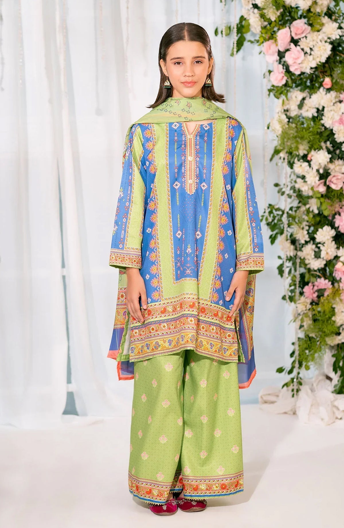 Ochre Digital Printed Herringbone Stitched 3 Piece Suit - CORF-37 - OCH25VEL - Green - Girls Festive Collection