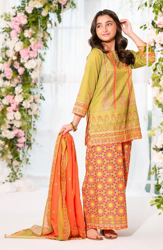 Ochre Digital Printed Herringbone Stitched 3 Piece Suit - CORF-36 - OCH25VEL - Yellow - Girls Festive Collection