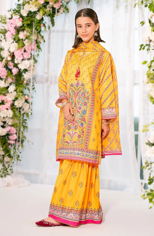 Ochre Digital Printed Herringbone Stitched 3 Piece Suit - CORF-35 - OCH25VEL - Yellow - Girls Festive Collection
