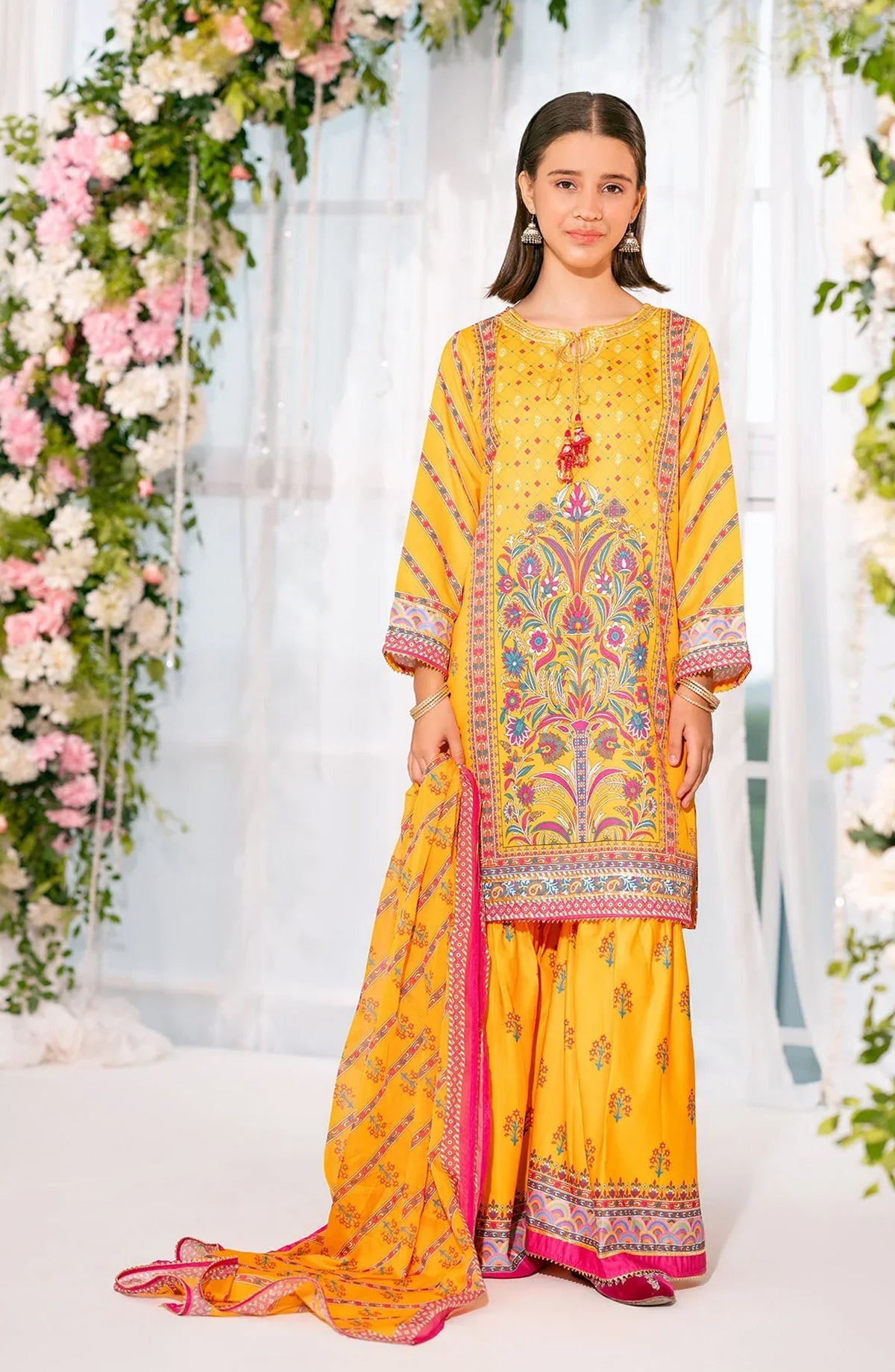 Ochre Digital Printed Herringbone Stitched 3 Piece Suit - CORF-35 - OCH25VEL - Yellow - Girls Festive Collection