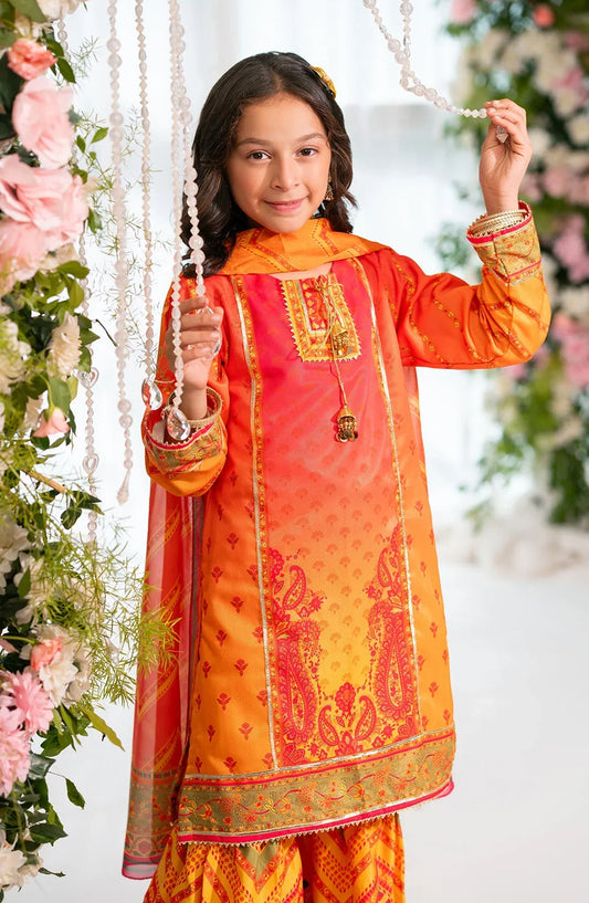 Ochre Digital Printed Herringbone Stitched 3 Piece Suit - CORF-34 - OCH25VEL - Orange - Girls Festive Collection