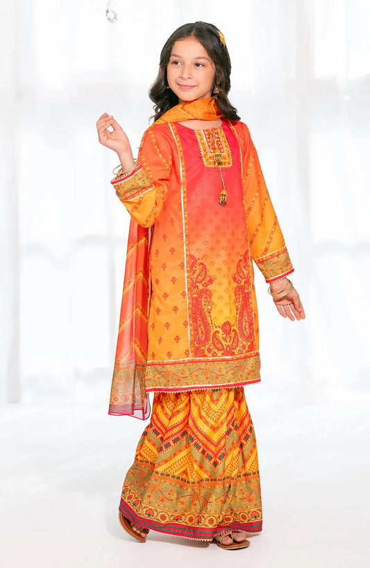 Ochre Digital Printed Herringbone Stitched 3 Piece Suit - CORF-34 - OCH25VEL - Orange - Girls Festive Collection