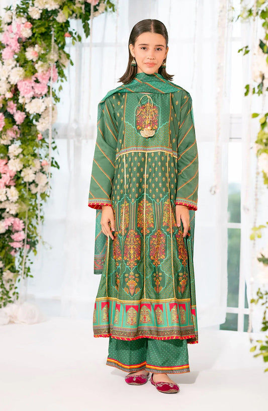 Ochre Digital Printed Herringbone Stitched 3 Piece Suit - CORF-32 - OCH25VEL - Green - Girls Festive Collection