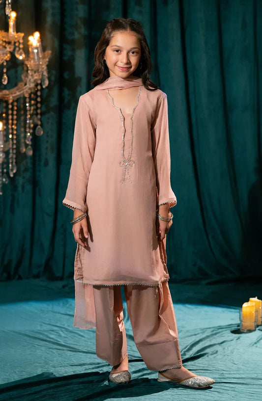 Ochre Embroidered Chiffon Stitched 3 Piece Suit - AC-77 - OCH25VEL - Pink - Girls Festive Collection