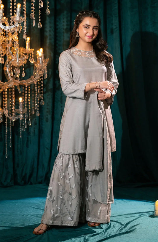 Ochre Embroidered Cotton Silk Stitched 3 Piece Suit - AC-76 - OCH25VEL - Grey - Girls Festive Collection