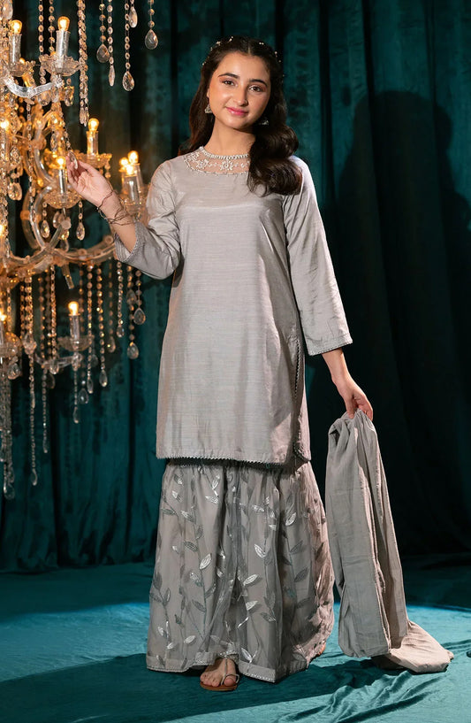 Ochre Embroidered Cotton Silk Stitched 3 Piece Suit - AC-76 - OCH25VEL - Grey - Girls Festive Collection