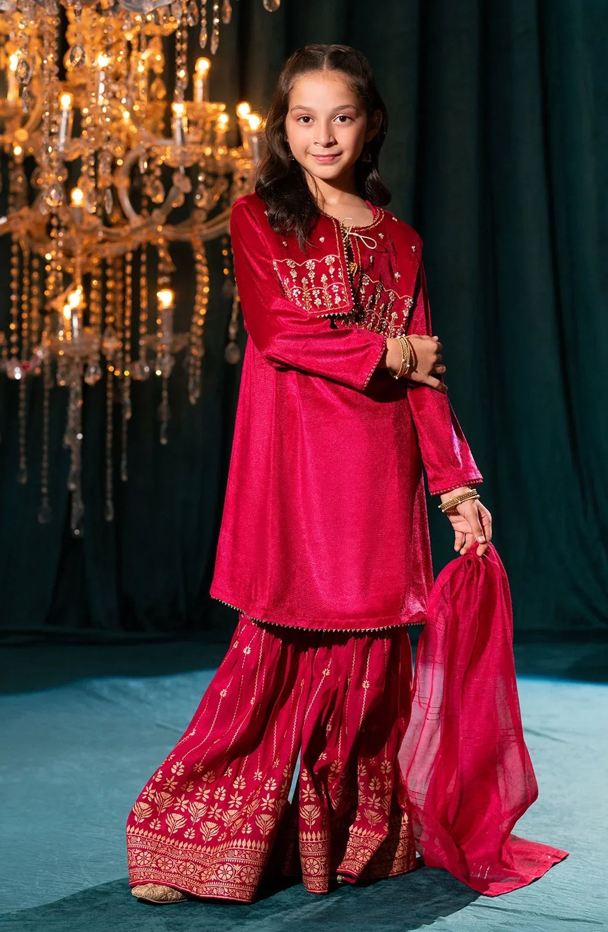 Ochre Embroidered Velvet Stitched 3 Piece Suit - OVF-49 - OCH25VEL - Red - Girls Festive Collection