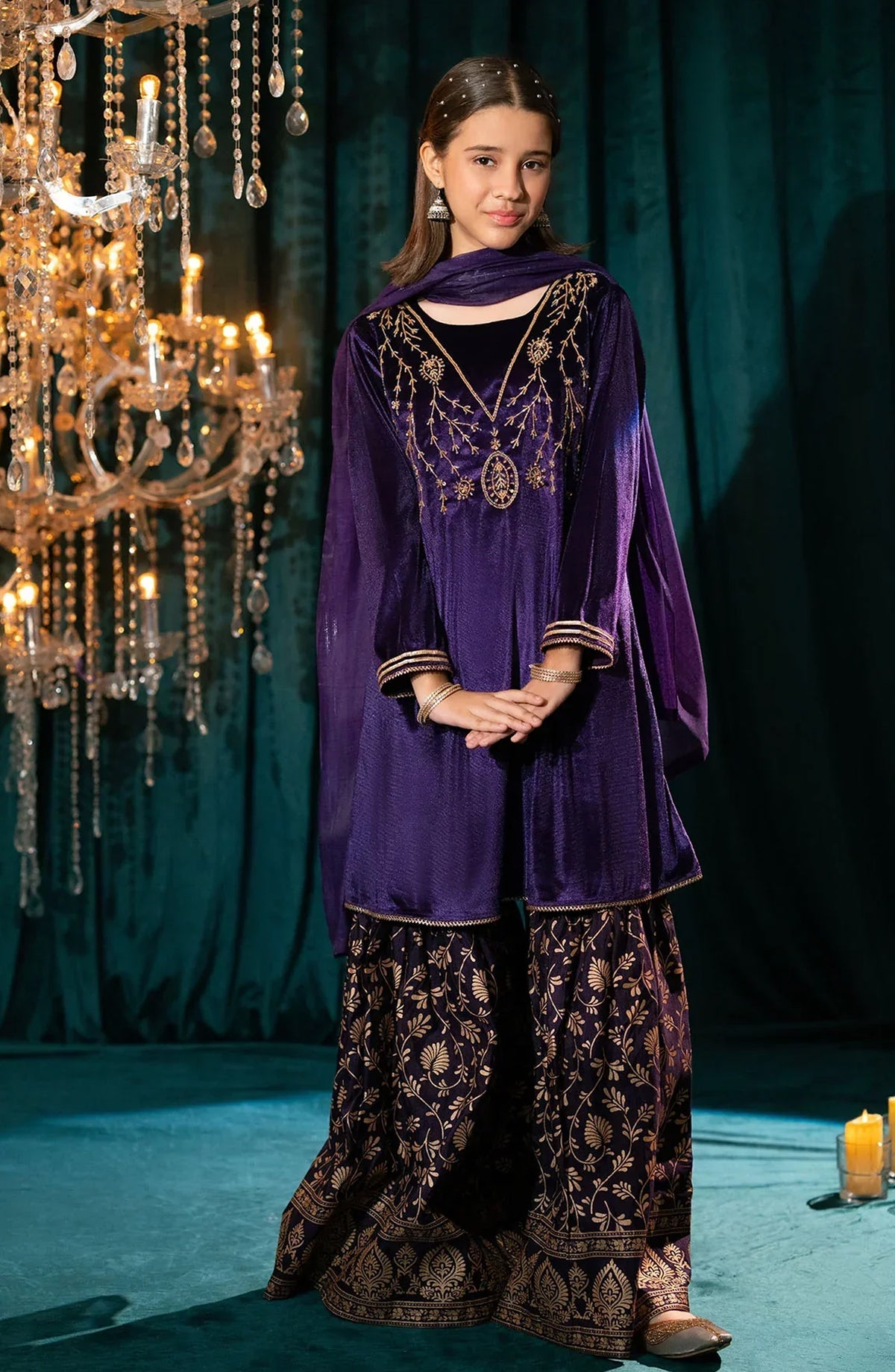 Ochre Embroidered Velvet Stitched 3 Piece Suit - OVF-48 - OCH25VEL - Purple - Girls Festive Collection