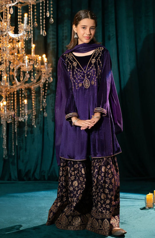 Ochre Embroidered Velvet Stitched 3 Piece Suit - OVF-48 - OCH25VEL - Purple - Girls Festive Collection