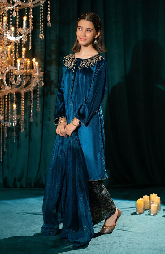 Ochre Embroidered Velvet Stitched 3 Piece Suit - OVF-47 - OCH25VEL - Blue - Girls Festive Collection