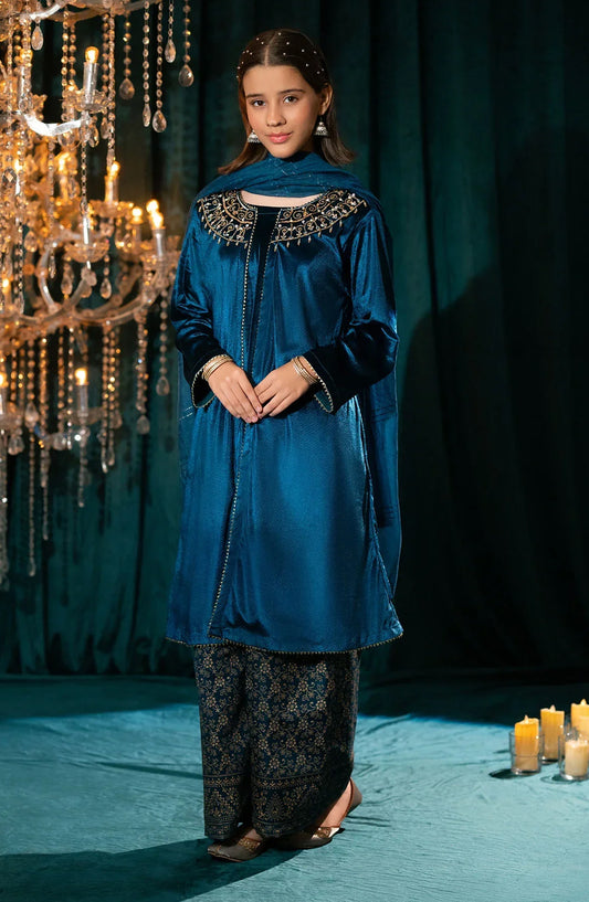Ochre Embroidered Velvet Stitched 3 Piece Suit - OVF-47 - OCH25VEL - Blue - Girls Festive Collection
